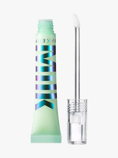 Milk Makeup Hydro Grip Eye Primer light green tube with wand to the side on light gray background