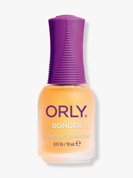 Orly Bonder Basecoat orange bottle of base coat with purple cap on light gray background